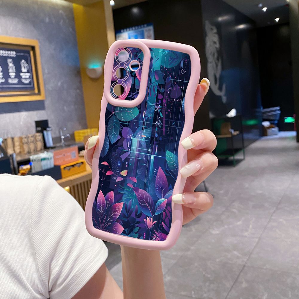 For Samsung Galaxy A15 A05 A35 A06 A14 A34 A33 A53 A73 A32 A16 A72 Blue Pink Floral Wave Frame Phone Case Anti Drop Cover