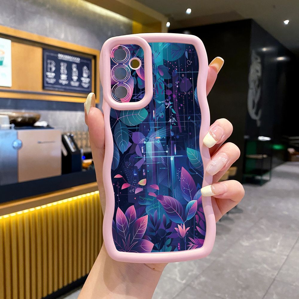 For Samsung Galaxy A15 A05 A35 A06 A14 A34 A33 A53 A73 A32 A16 A72 Blue Pink Floral Wave Frame Phone Case Anti Drop Cover