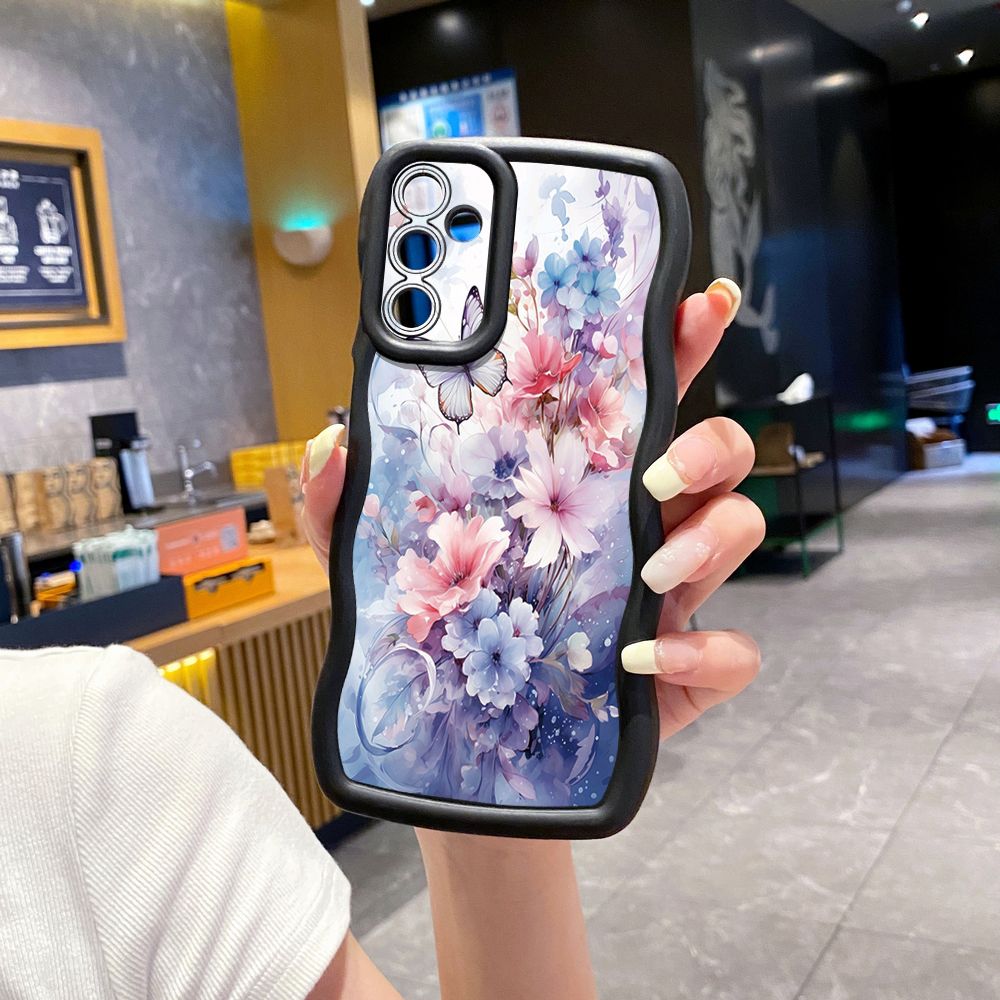 For Samsung Galaxy A15 A05 A35 A06 A14 A34 A33 A53 A73 A32 A16 A72 Blue Pink Floral Wave Frame Phone Case Anti Drop Cover