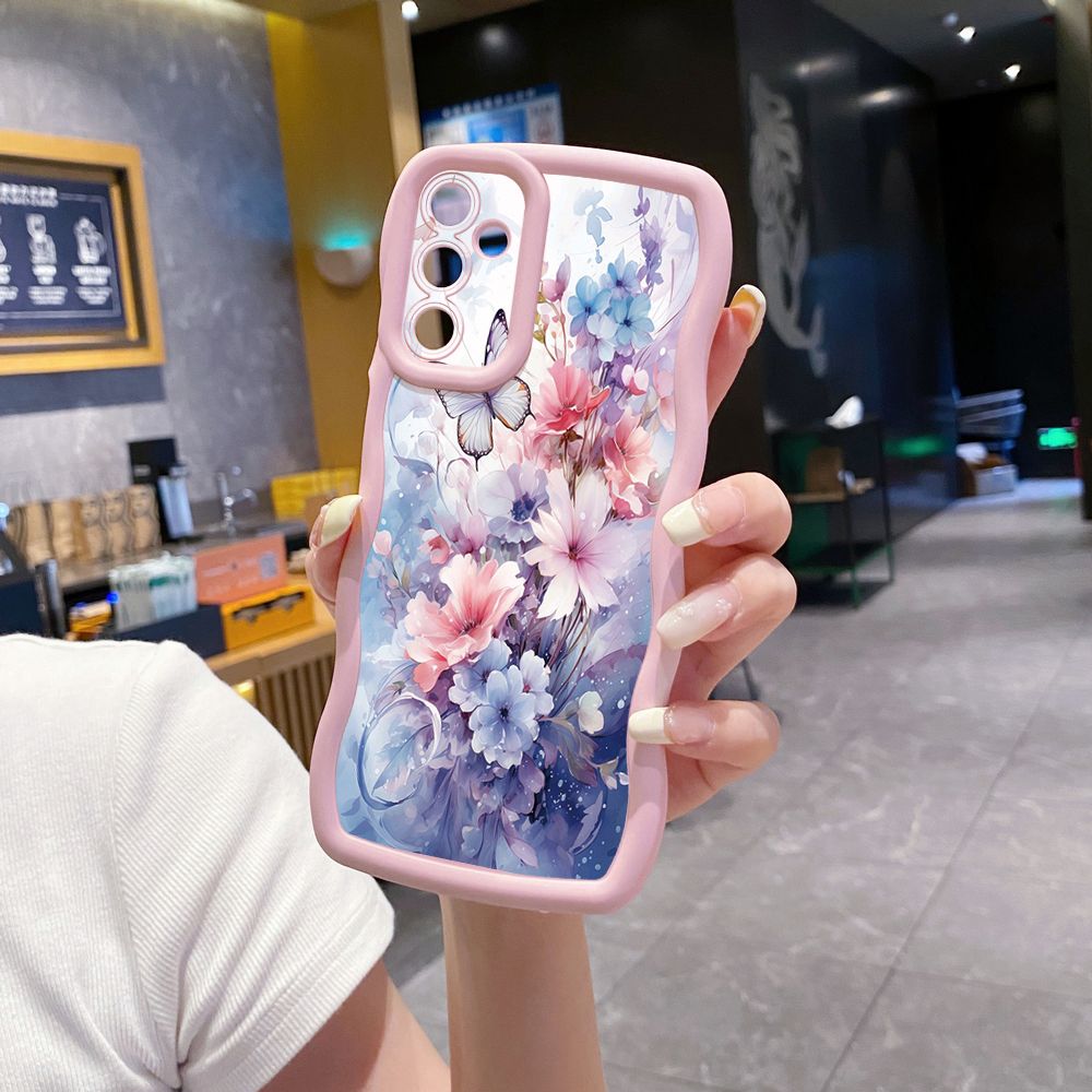 For Samsung Galaxy A15 A05 A35 A06 A14 A34 A33 A53 A73 A32 A16 A72 Blue Pink Floral Wave Frame Phone Case Anti Drop Cover