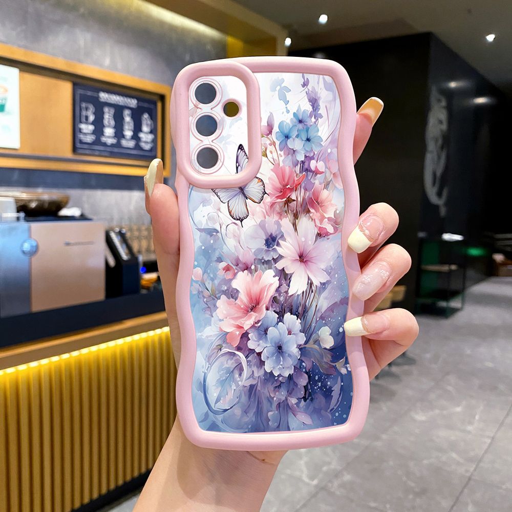 For Samsung Galaxy A15 A05 A35 A06 A14 A34 A33 A53 A73 A32 A16 A72 Blue Pink Floral Wave Frame Phone Case Anti Drop Cover