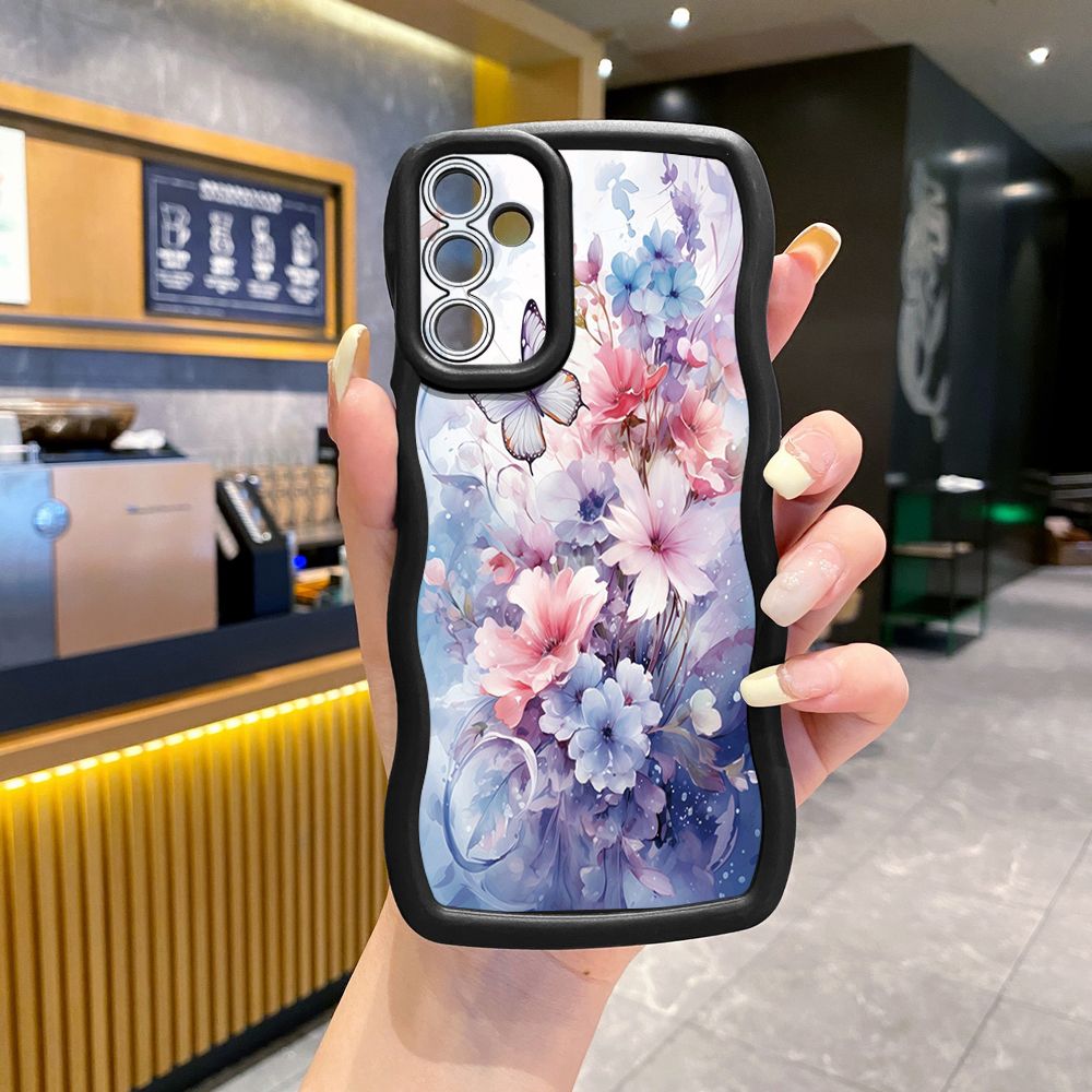 For Samsung Galaxy A15 A05 A35 A06 A14 A34 A33 A53 A73 A32 A16 A72 Blue Pink Floral Wave Frame Phone Case Anti Drop Cover