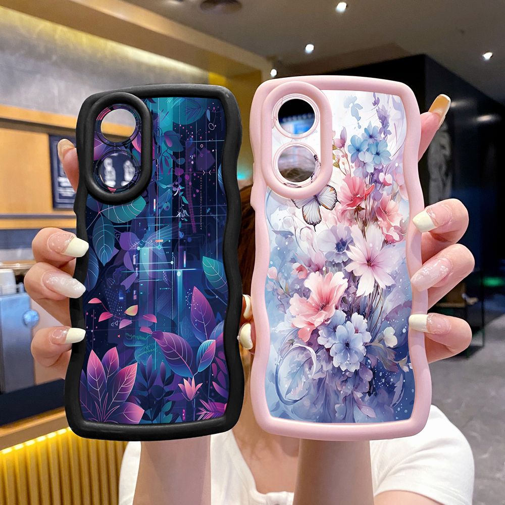 For OPPO Reno 5 6 Lite 7 8 Reno 7Z 8 Z 5F F19 F21 Pro Blue Pink Floral Wave Frame Phone Case Anti Drop Cover