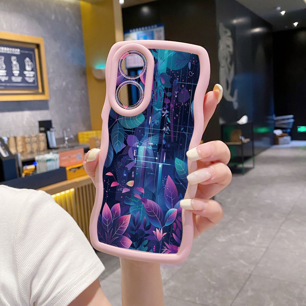 For OPPO Reno 5 6 Lite 7 8 Reno 7Z 8 Z 5F F19 F21 Pro Blue Pink Floral Wave Frame Phone Case Anti Drop Cover