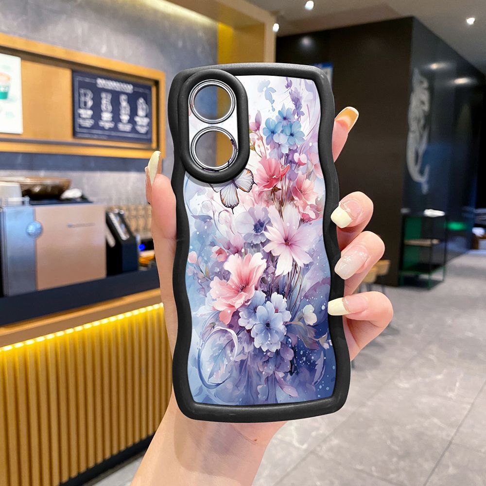 For OPPO Reno 5 6 Lite 7 8 Reno 7Z 8 Z 5F F19 F21 Pro Blue Pink Floral Wave Frame Phone Case Anti Drop Cover