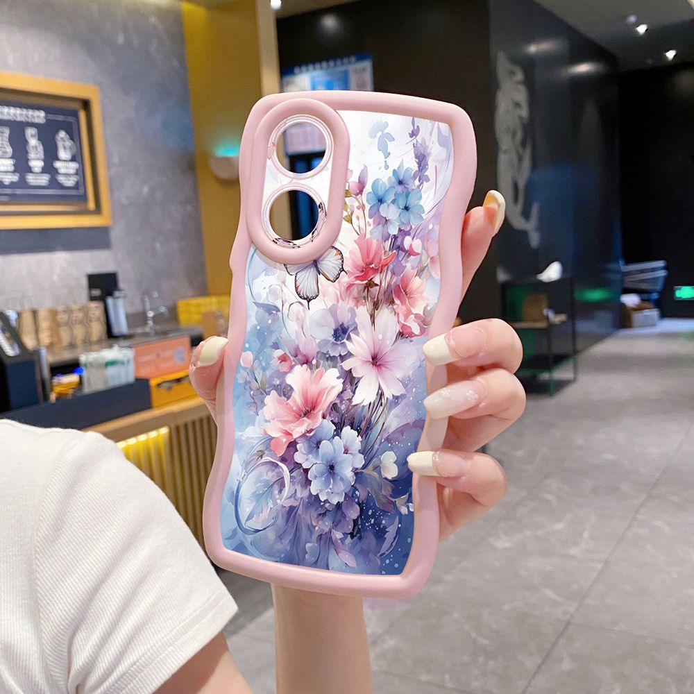 For OPPO Reno 5 6 Lite 7 8 Reno 7Z 8 Z 5F F19 F21 Pro Blue Pink Floral Wave Frame Phone Case Anti Drop Cover