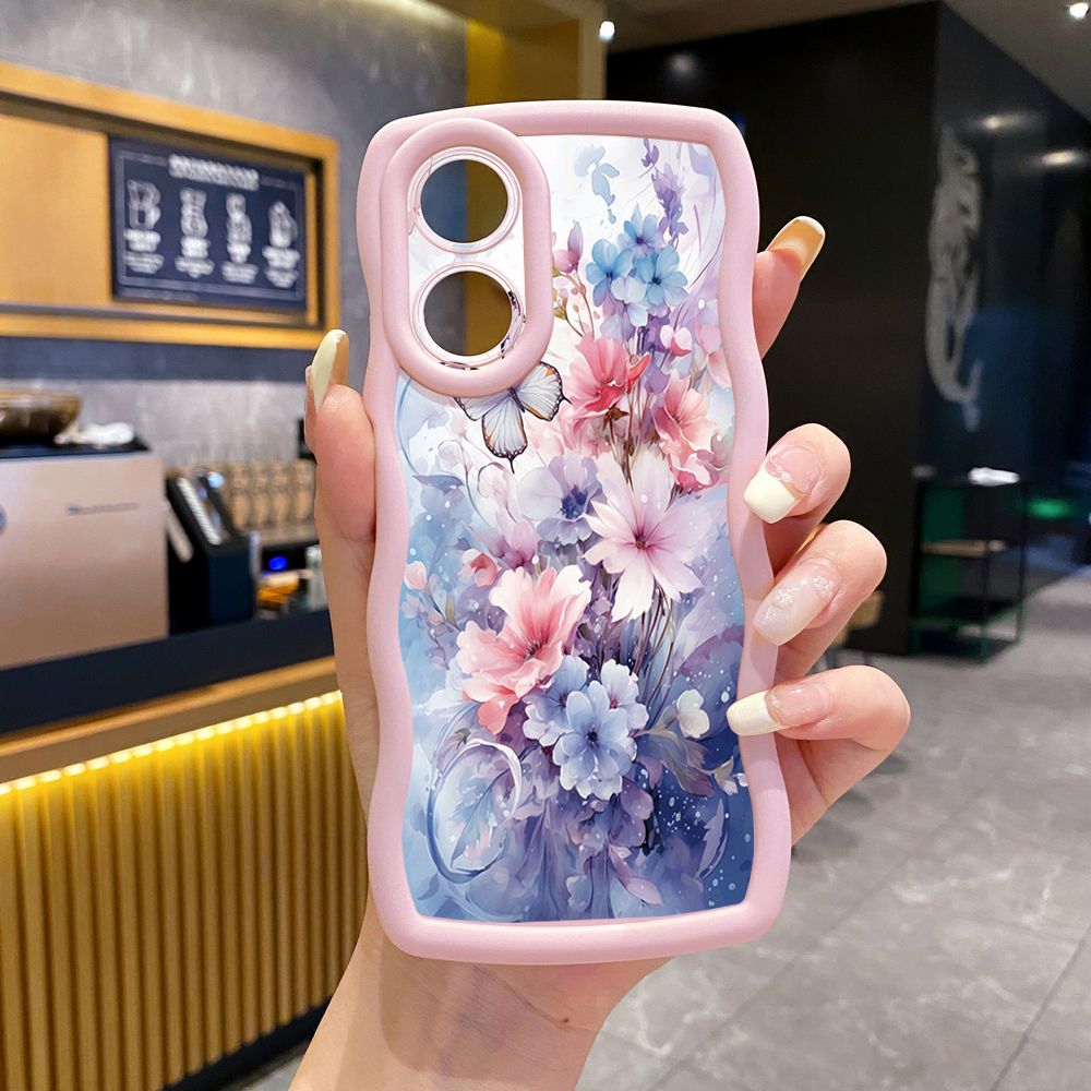 For OPPO Reno 5 6 Lite 7 8 Reno 7Z 8 Z 5F F19 F21 Pro Blue Pink Floral Wave Frame Phone Case Anti Drop Cover