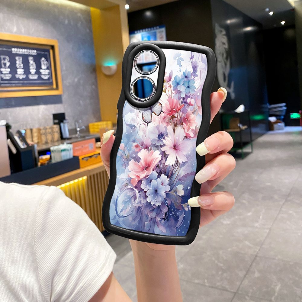 For OPPO Reno 5 6 Lite 7 8 Reno 7Z 8 Z 5F F19 F21 Pro Blue Pink Floral Wave Frame Phone Case Anti Drop Cover