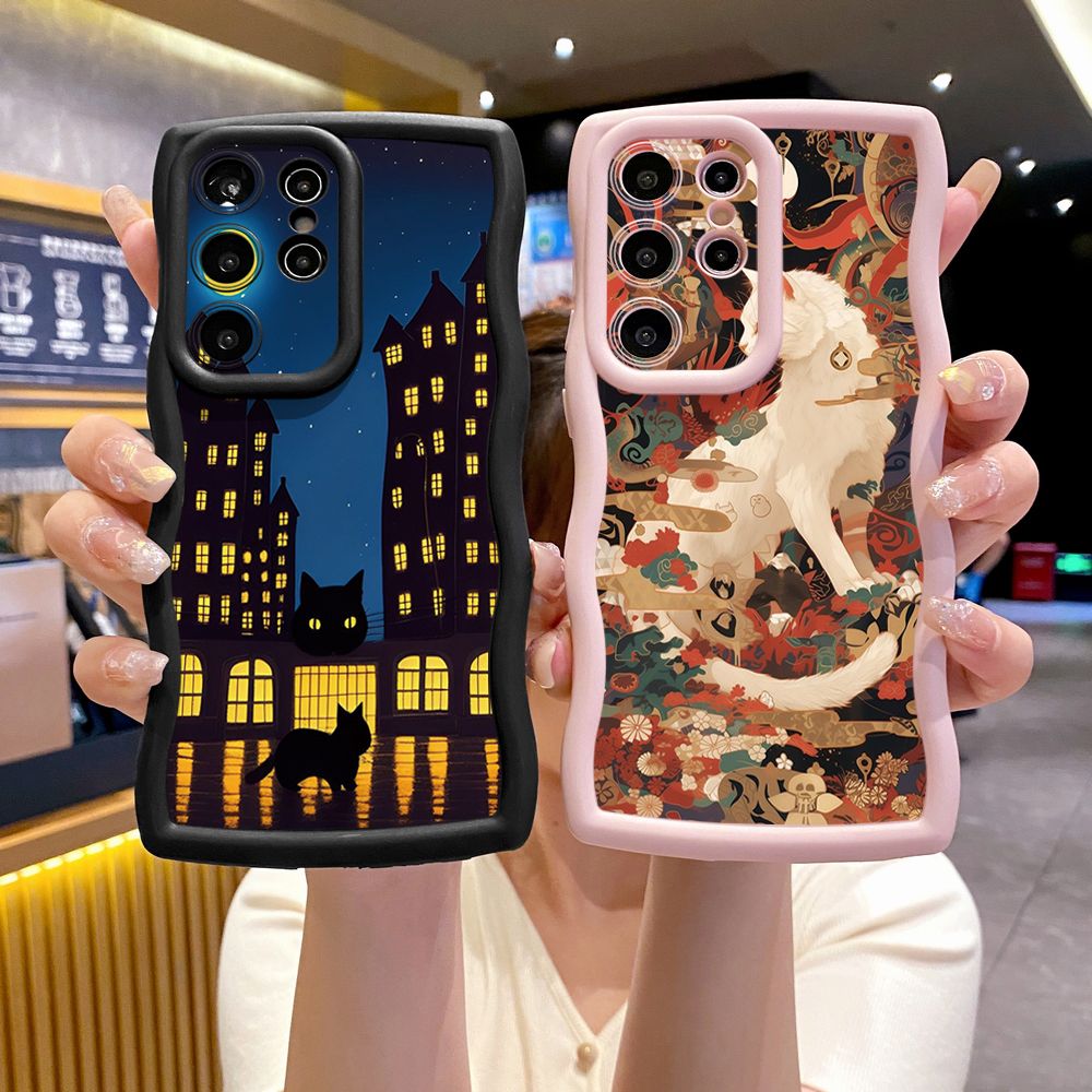 For Samsung Galaxy S24 S23 Ultra S22 Plus S21 FE S20 White Black Cat Wave Frame Phone Case Anti Drop Cover