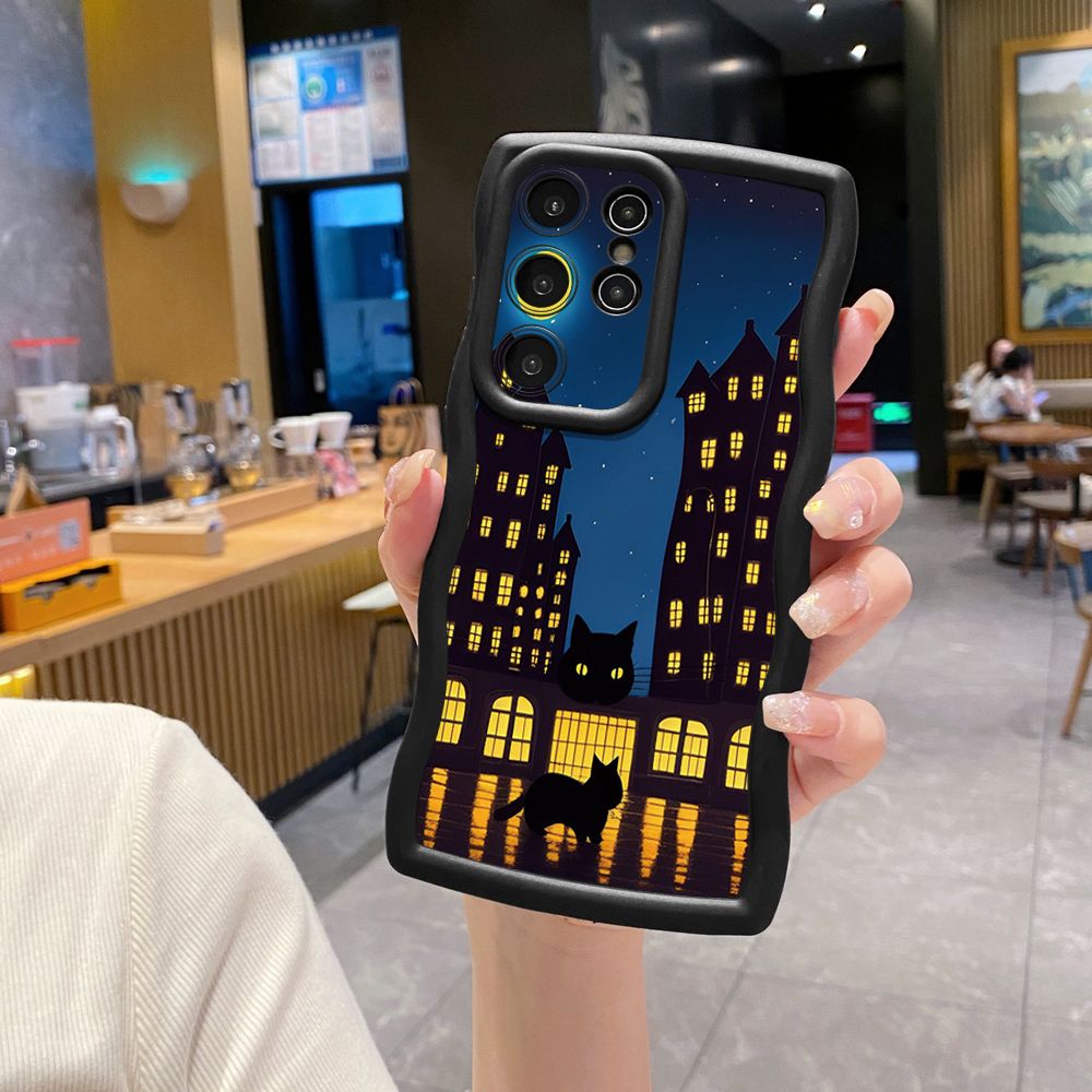 For Samsung Galaxy S24 S23 Ultra S22 Plus S21 FE S20 White Black Cat Wave Frame Phone Case Anti Drop Cover