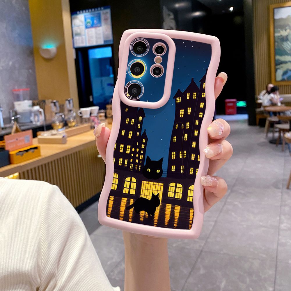 For Samsung Galaxy S24 S23 Ultra S22 Plus S21 FE S20 White Black Cat Wave Frame Phone Case Anti Drop Cover
