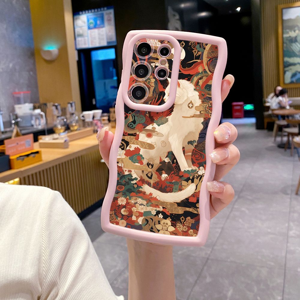 For Samsung Galaxy S24 S23 Ultra S22 Plus S21 FE S20 White Black Cat Wave Frame Phone Case Anti Drop Cover