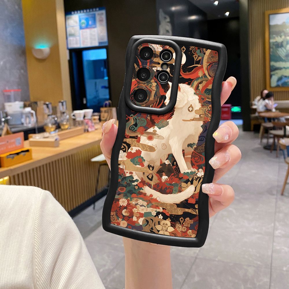 For Samsung Galaxy S24 S23 Ultra S22 Plus S21 FE S20 White Black Cat Wave Frame Phone Case Anti Drop Cover