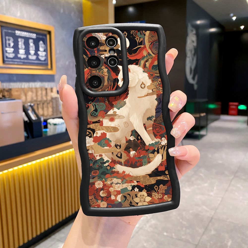For Samsung Galaxy S24 S23 Ultra S22 Plus S21 FE S20 White Black Cat Wave Frame Phone Case Anti Drop Cover