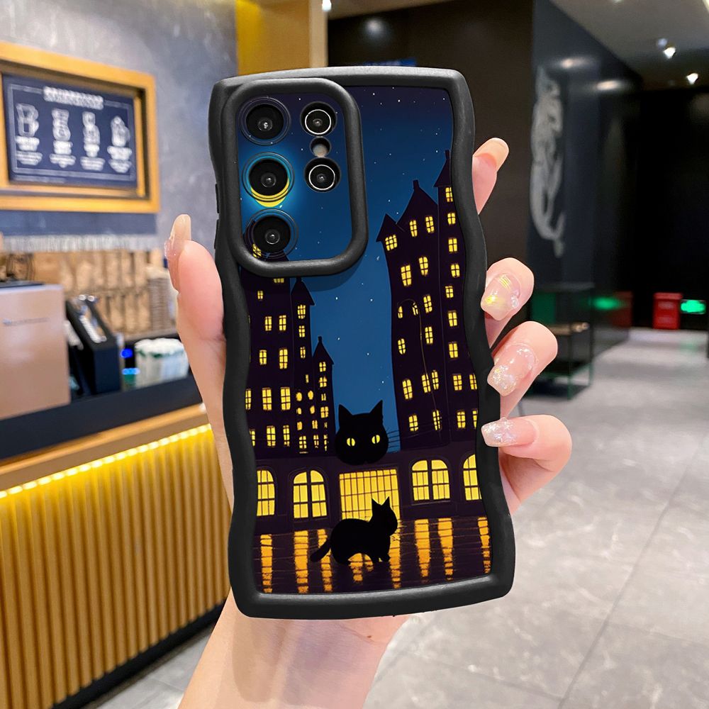 For Samsung Galaxy S24 S23 Ultra S22 Plus S21 FE S20 White Black Cat Wave Frame Phone Case Anti Drop Cover