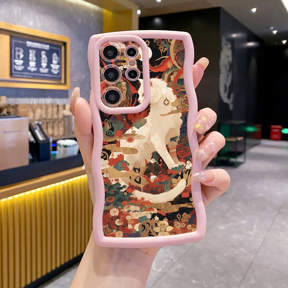 For Samsung Galaxy S24 S23 Ultra S22 Plus S21 FE S20 White Black Cat Wave Frame Phone Case Anti Drop Cover