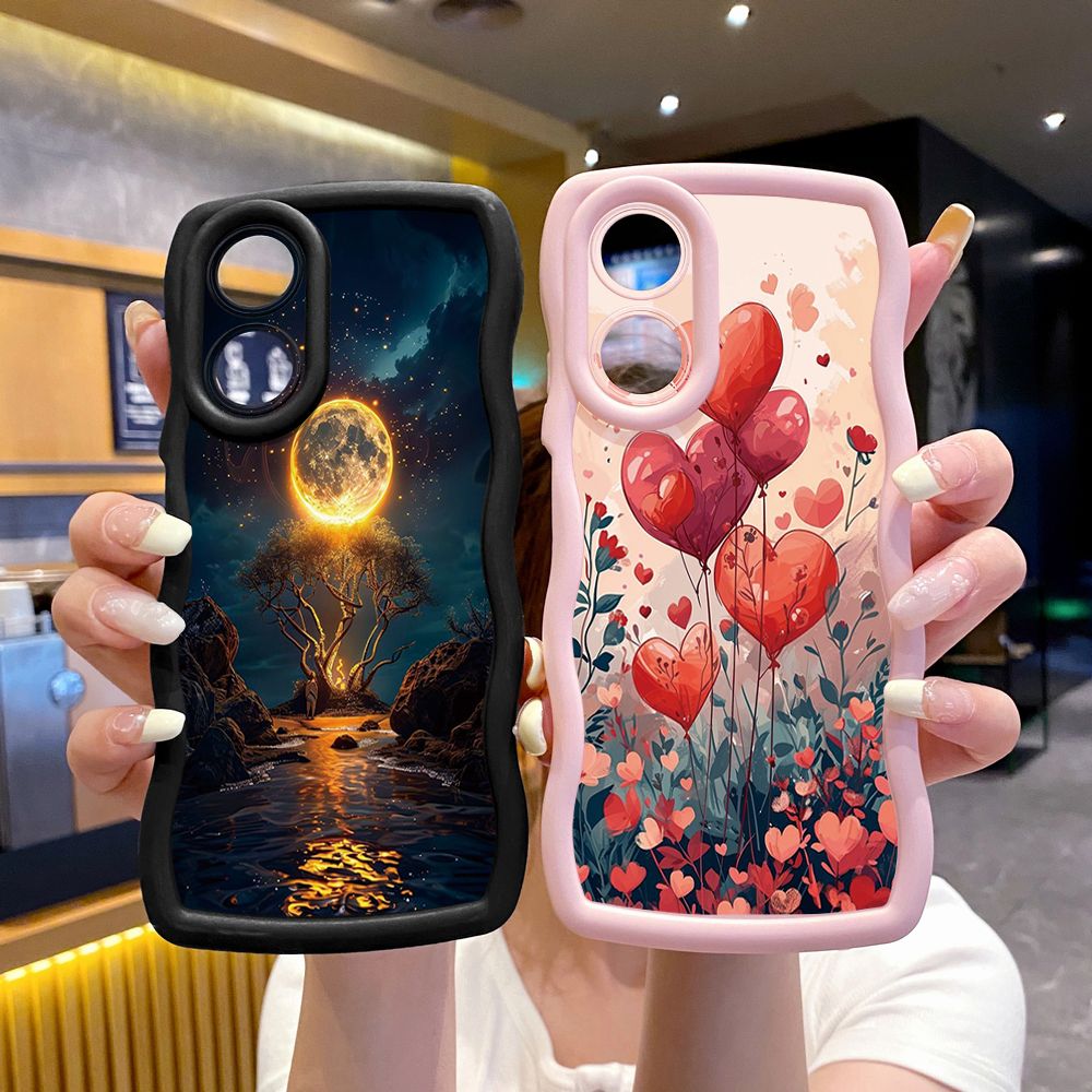 For OPPO Reno 5 6 Lite 7 8 Reno 7Z 8 Z 5F F19 F21 Pro Bright Moon Red Heart Wave Frame Phone Case Anti Drop Cover