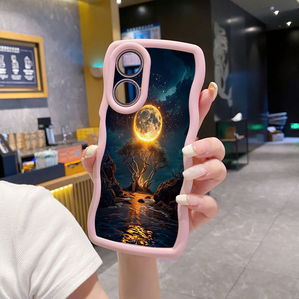 For OPPO Reno 5 6 Lite 7 8 Reno 7Z 8 Z 5F F19 F21 Pro Bright Moon Red Heart Wave Frame Phone Case Anti Drop Cover