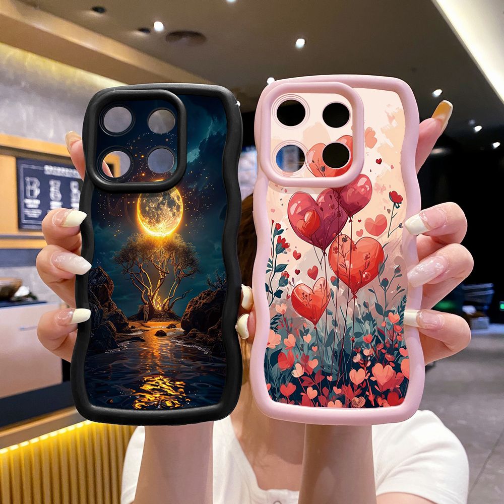 For Xiaomi Redmi Note 13 Pro 5G 12S 12 Turbo 11S 13C 12C Bright Moon Red Heart Wave Frame Phone Case Anti Drop Cover