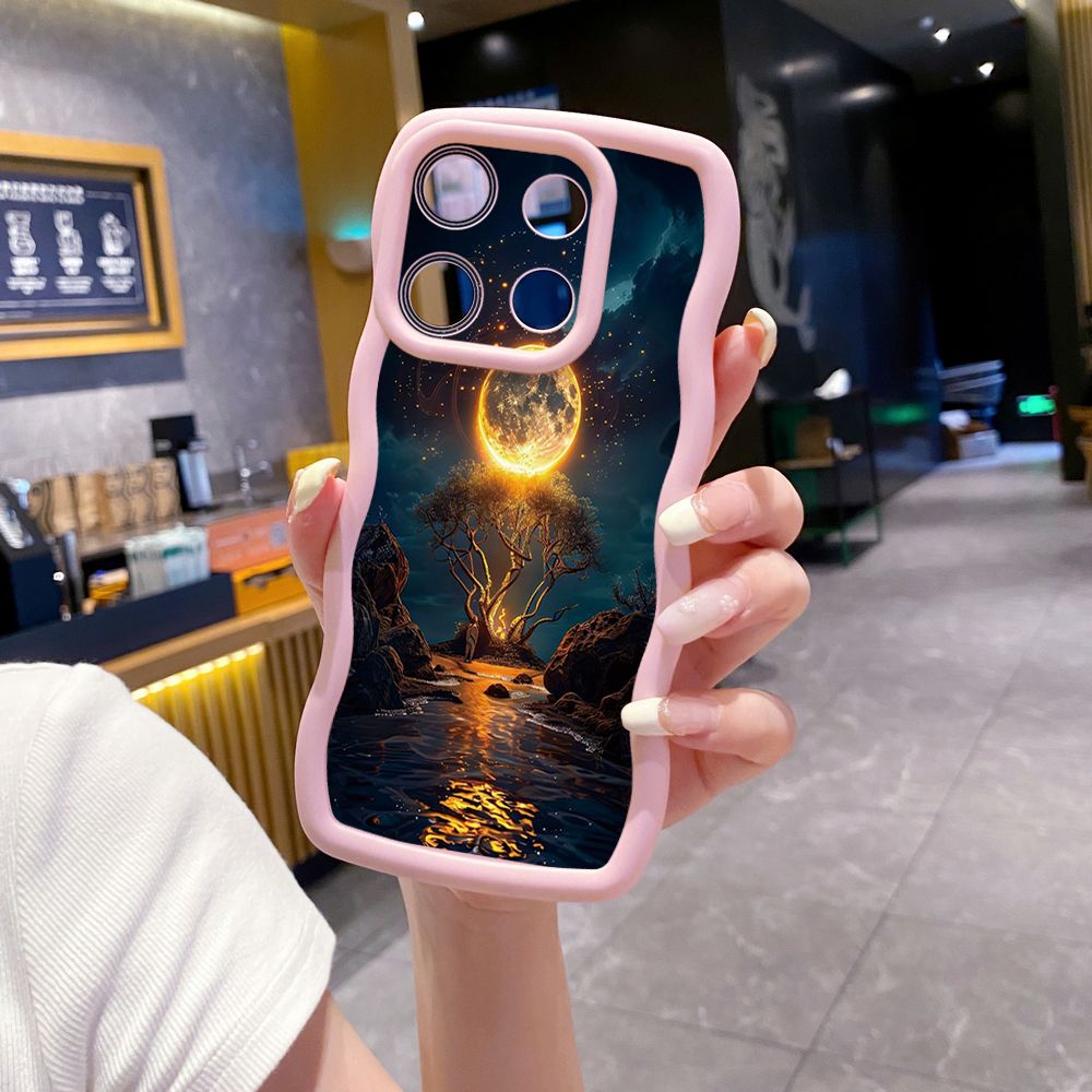 For Xiaomi Redmi Note 13 Pro 5G 12S 12 Turbo 11S 13C 12C Bright Moon Red Heart Wave Frame Phone Case Anti Drop Cover