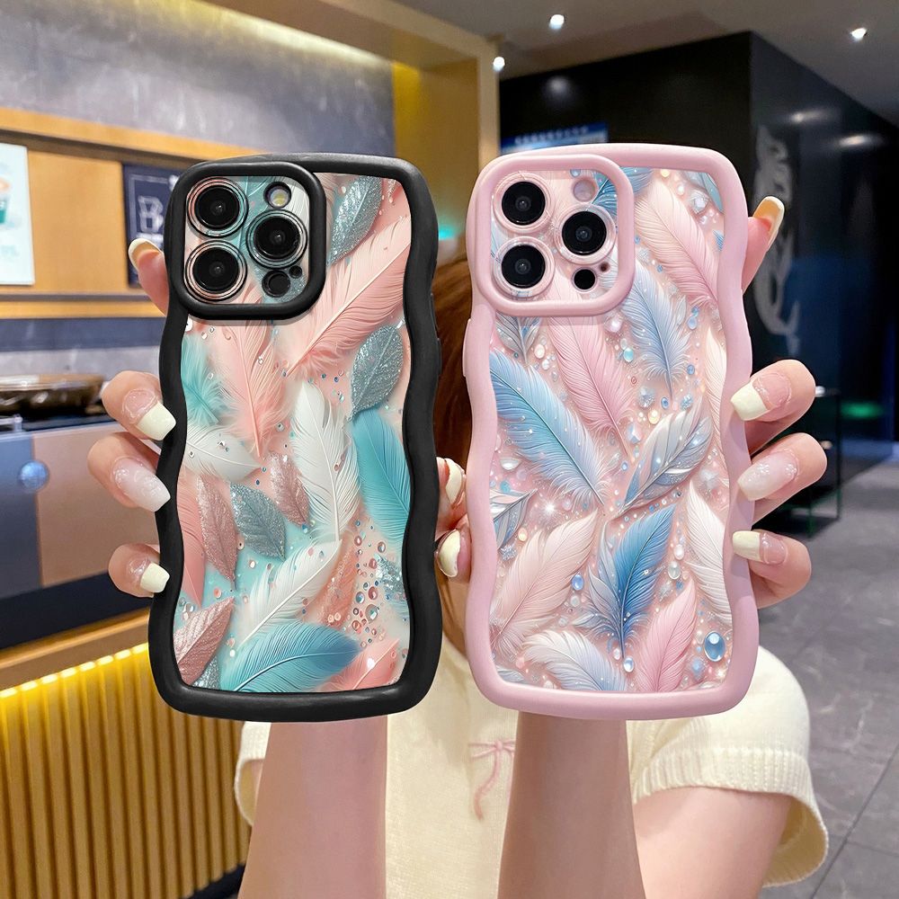 For iPhone 16 Pro Max 15 14 Plus 13 12 11 Pro Max Luxury Feather Diamond Wave Frame Phone Case Anti Drop Cover