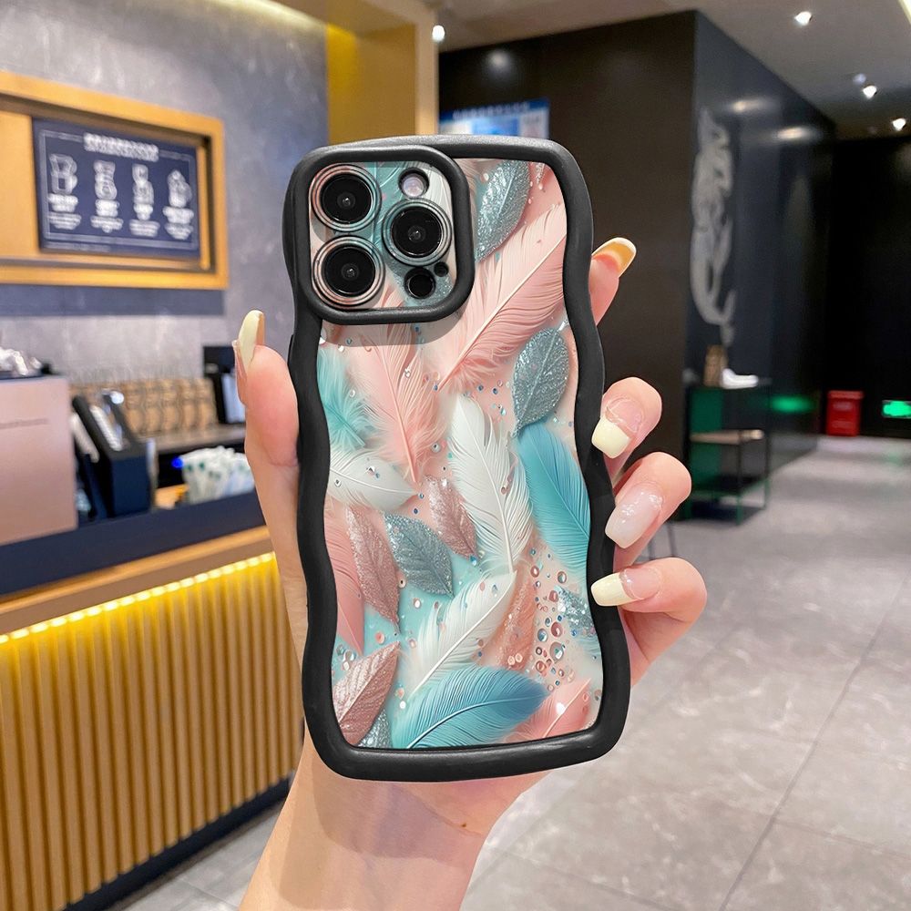 For iPhone 16 Pro Max 15 14 Plus 13 12 11 Pro Max Luxury Feather Diamond Wave Frame Phone Case Anti Drop Cover