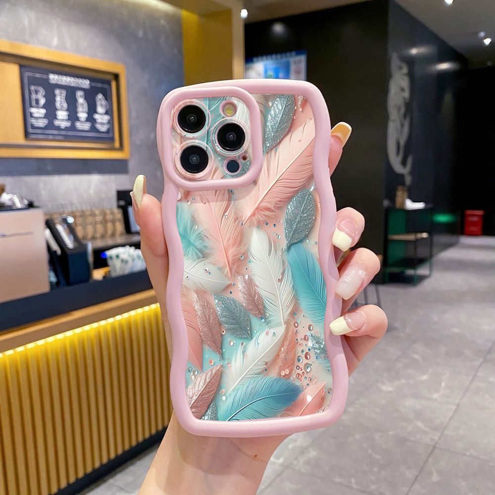 For iPhone 16 Pro Max 15 14 Plus 13 12 11 Pro Max Luxury Feather Diamond Wave Frame Phone Case Anti Drop Cover