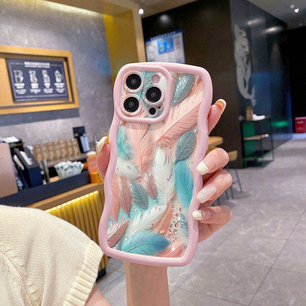 For iPhone 16 Pro Max 15 14 Plus 13 12 11 Pro Max Luxury Feather Diamond Wave Frame Phone Case Anti Drop Cover