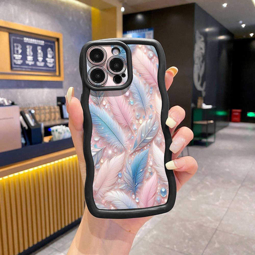 For iPhone 16 Pro Max 15 14 Plus 13 12 11 Pro Max Luxury Feather Diamond Wave Frame Phone Case Anti Drop Cover
