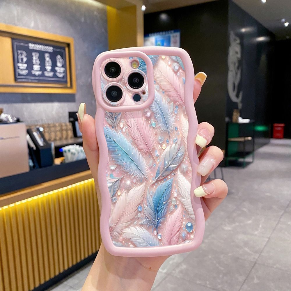 For iPhone 16 Pro Max 15 14 Plus 13 12 11 Pro Max Luxury Feather Diamond Wave Frame Phone Case Anti Drop Cover