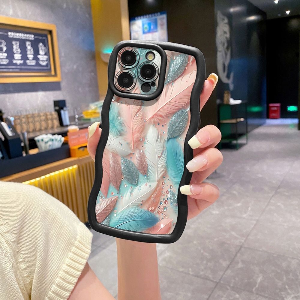 For iPhone 16 Pro Max 15 14 Plus 13 12 11 Pro Max Luxury Feather Diamond Wave Frame Phone Case Anti Drop Cover