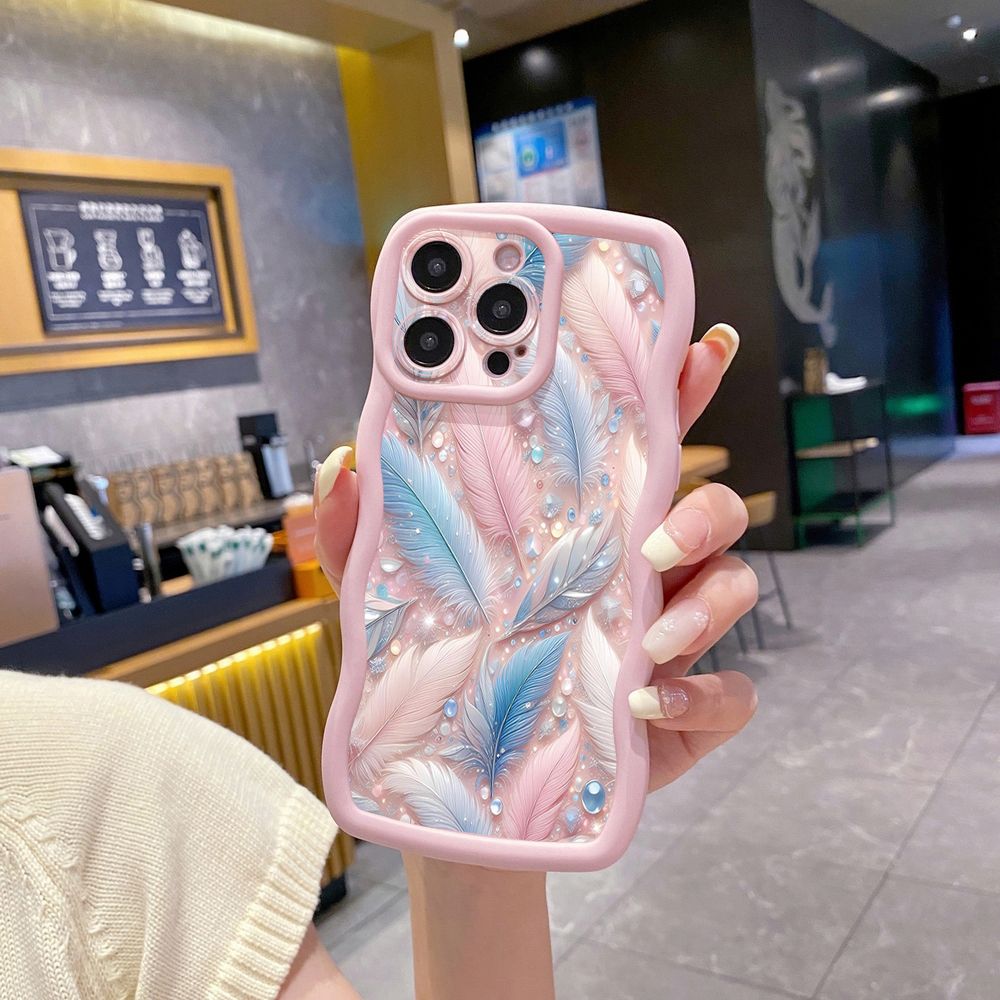 For iPhone 16 Pro Max 15 14 Plus 13 12 11 Pro Max Luxury Feather Diamond Wave Frame Phone Case Anti Drop Cover