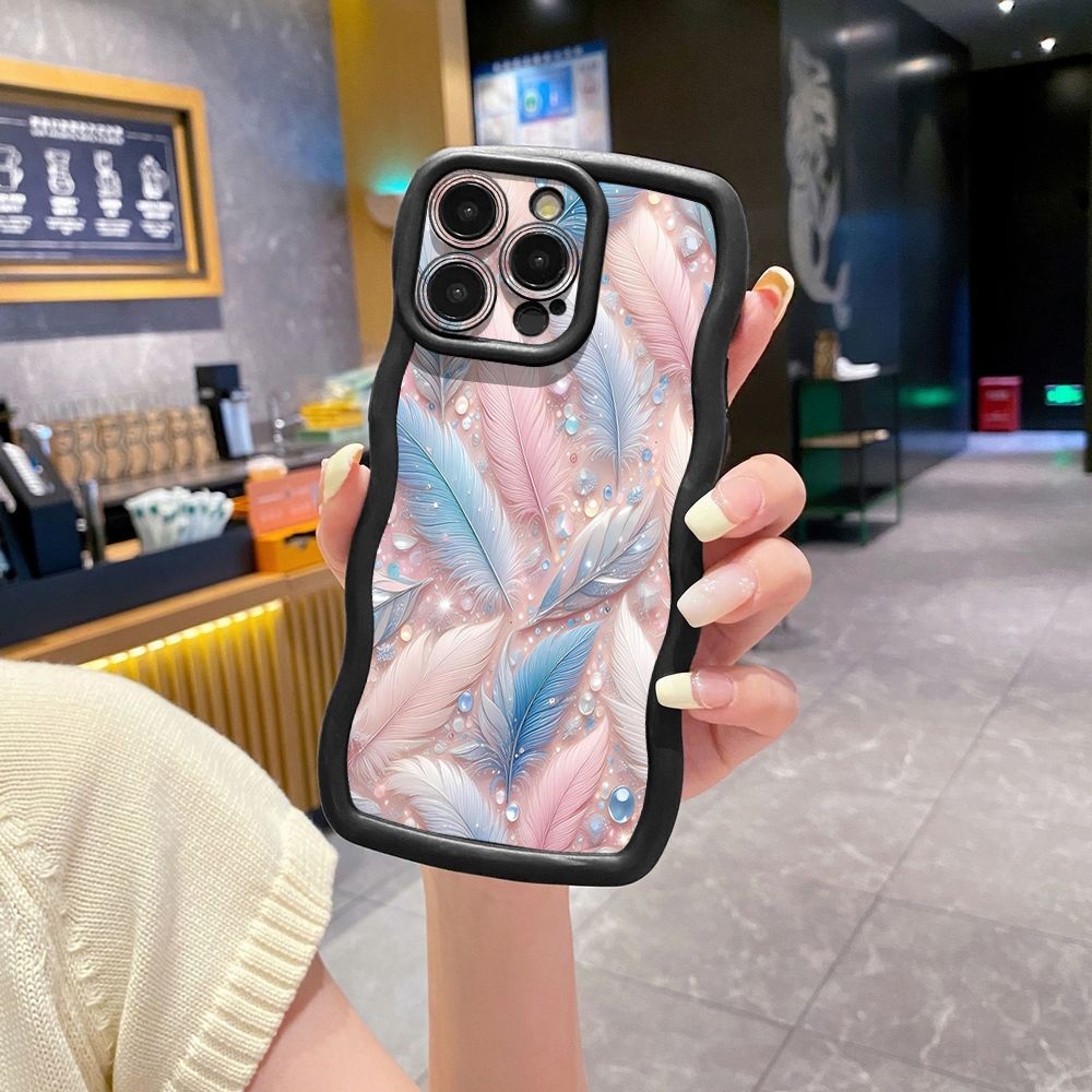 For iPhone 16 Pro Max 15 14 Plus 13 12 11 Pro Max Luxury Feather Diamond Wave Frame Phone Case Anti Drop Cover