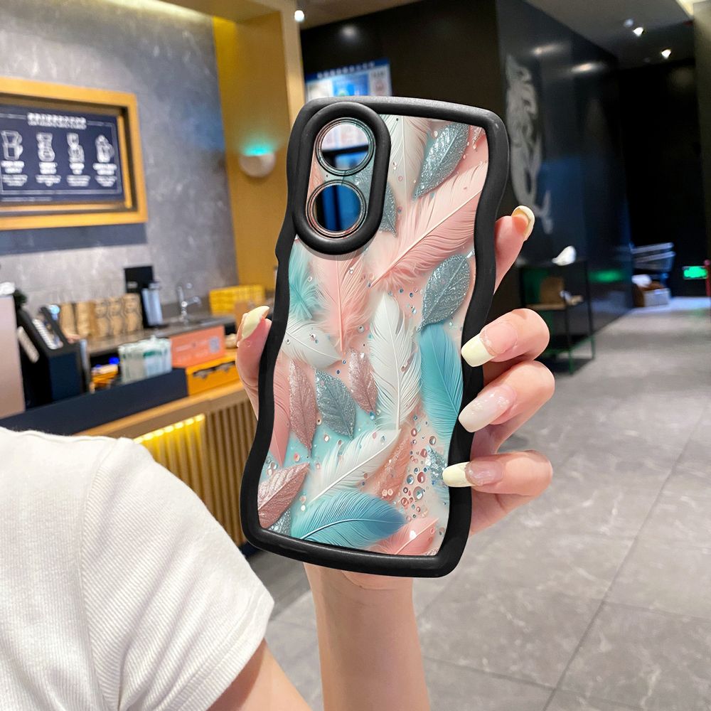 For OPPO Reno 5 6 Lite 7 8 Reno 7Z 8 Z 5F F19 F21 Pro Luxury Feather Diamond Wave Frame Phone Case Anti Drop Cover