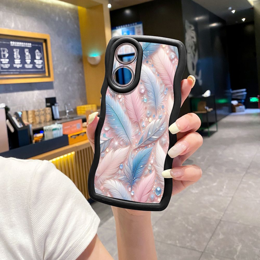 For OPPO Reno 5 6 Lite 7 8 Reno 7Z 8 Z 5F F19 F21 Pro Luxury Feather Diamond Wave Frame Phone Case Anti Drop Cover