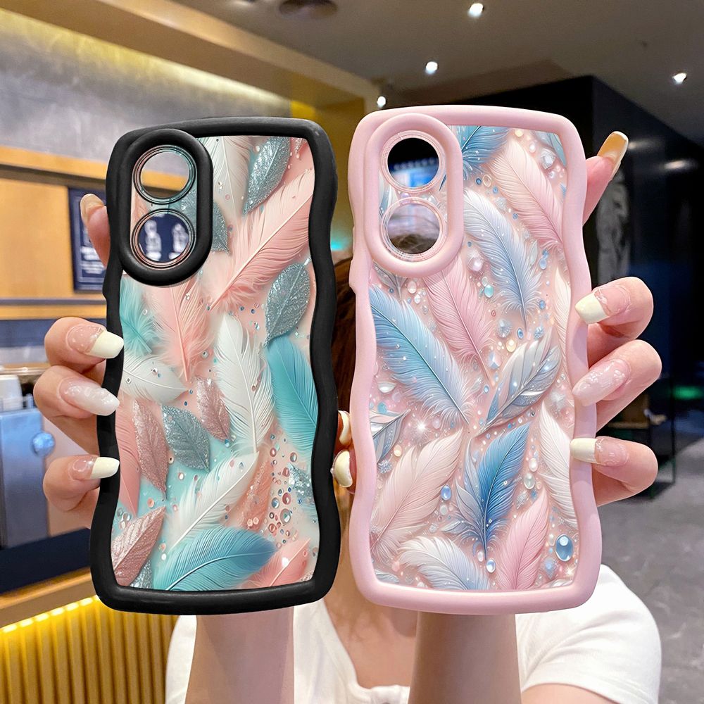 For OPPO A60 A18 A38 A17 A16 A57 A77 A59 A98 A78 A58 5G Luxury Feather Diamond Wave Frame Phone Case Anti Drop Cover