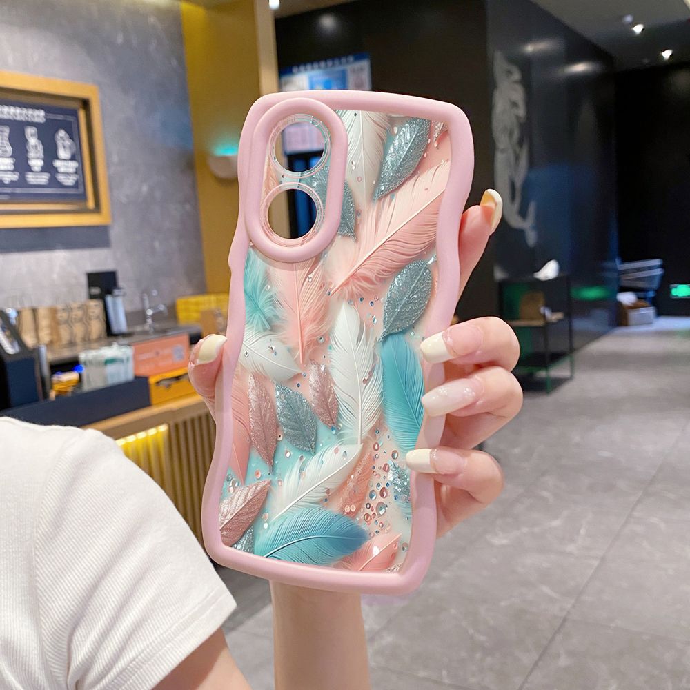 For OPPO A60 A18 A38 A17 A16 A57 A77 A59 A98 A78 A58 5G Luxury Feather Diamond Wave Frame Phone Case Anti Drop Cover