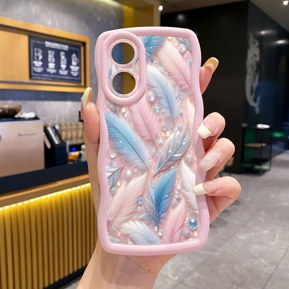 For OPPO A60 A18 A38 A17 A16 A57 A77 A59 A98 A78 A58 5G Luxury Feather Diamond Wave Frame Phone Case Anti Drop Cover