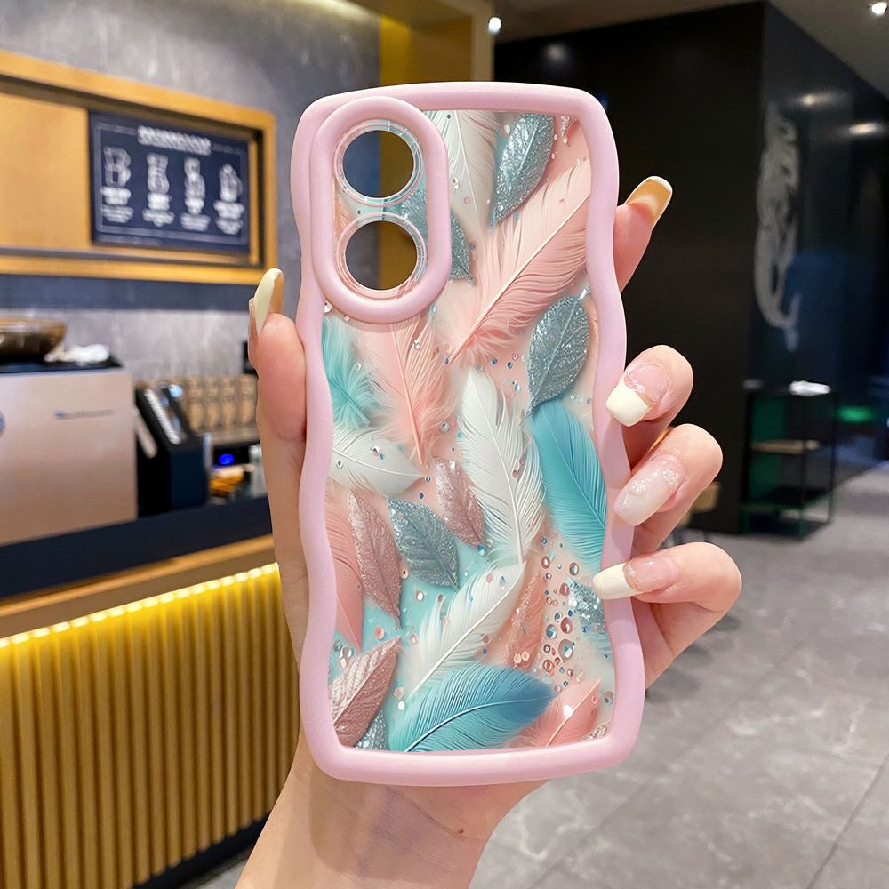 For OPPO A60 A18 A38 A17 A16 A57 A77 A59 A98 A78 A58 5G Luxury Feather Diamond Wave Frame Phone Case Anti Drop Cover