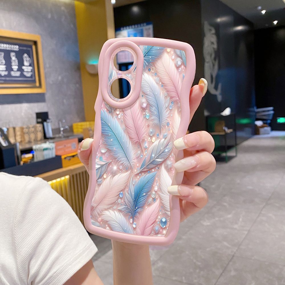 For OPPO A60 A18 A38 A17 A16 A57 A77 A59 A98 A78 A58 5G Luxury Feather Diamond Wave Frame Phone Case Anti Drop Cover