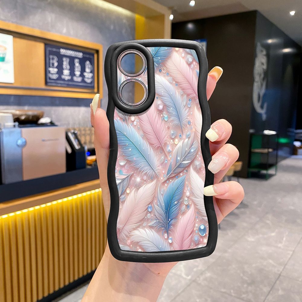 For OPPO A60 A18 A38 A17 A16 A57 A77 A59 A98 A78 A58 5G Luxury Feather Diamond Wave Frame Phone Case Anti Drop Cover