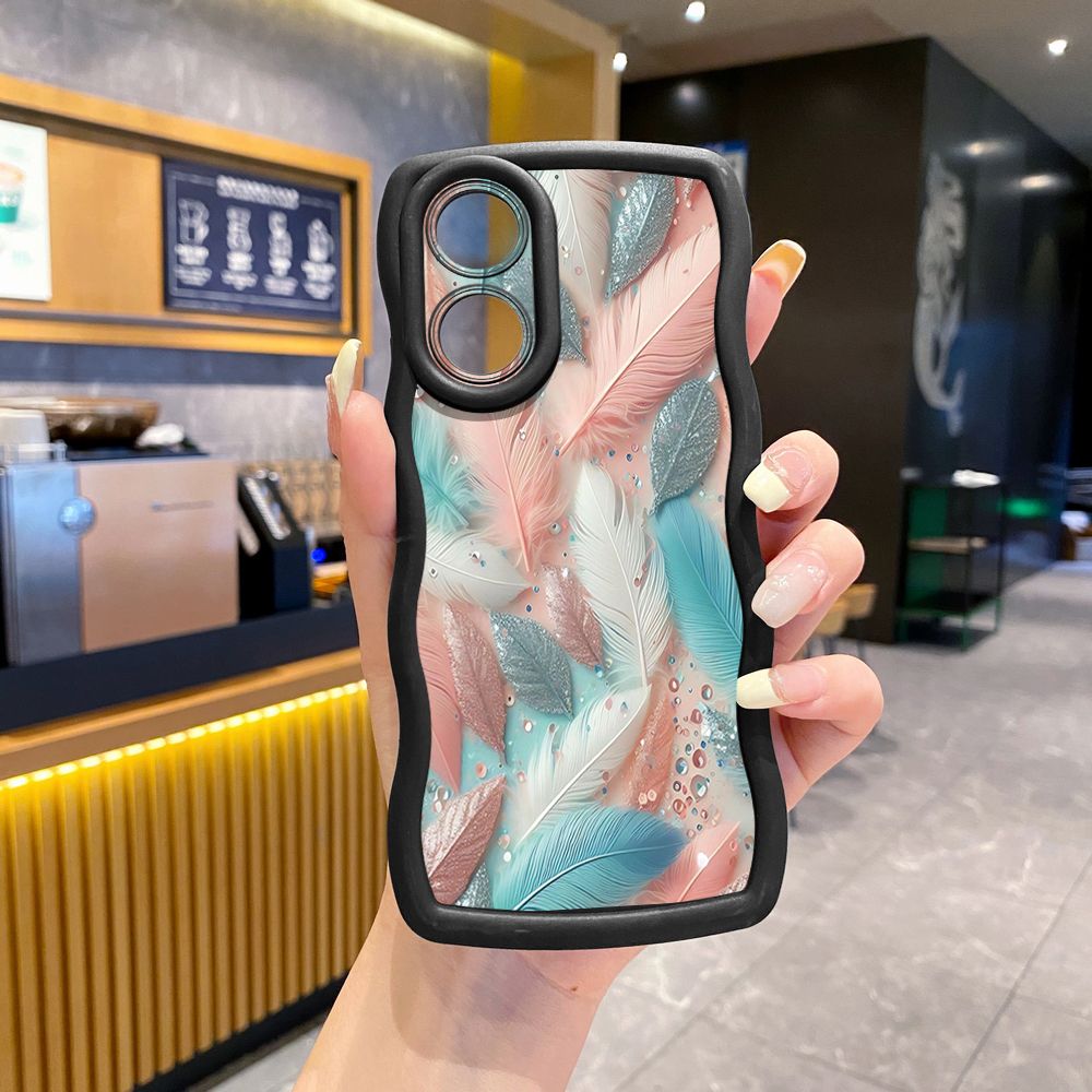 For OPPO A60 A18 A38 A17 A16 A57 A77 A59 A98 A78 A58 5G Luxury Feather Diamond Wave Frame Phone Case Anti Drop Cover