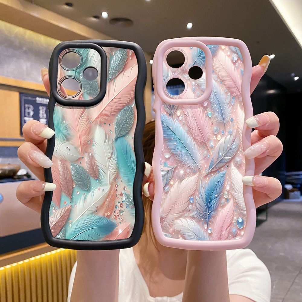 For Realme C67 C53 C51 Note 50 C21Y C25Y C33 C30 C35 9i Luxury Feather Diamond Wave Frame Phone Case Anti Drop Cover