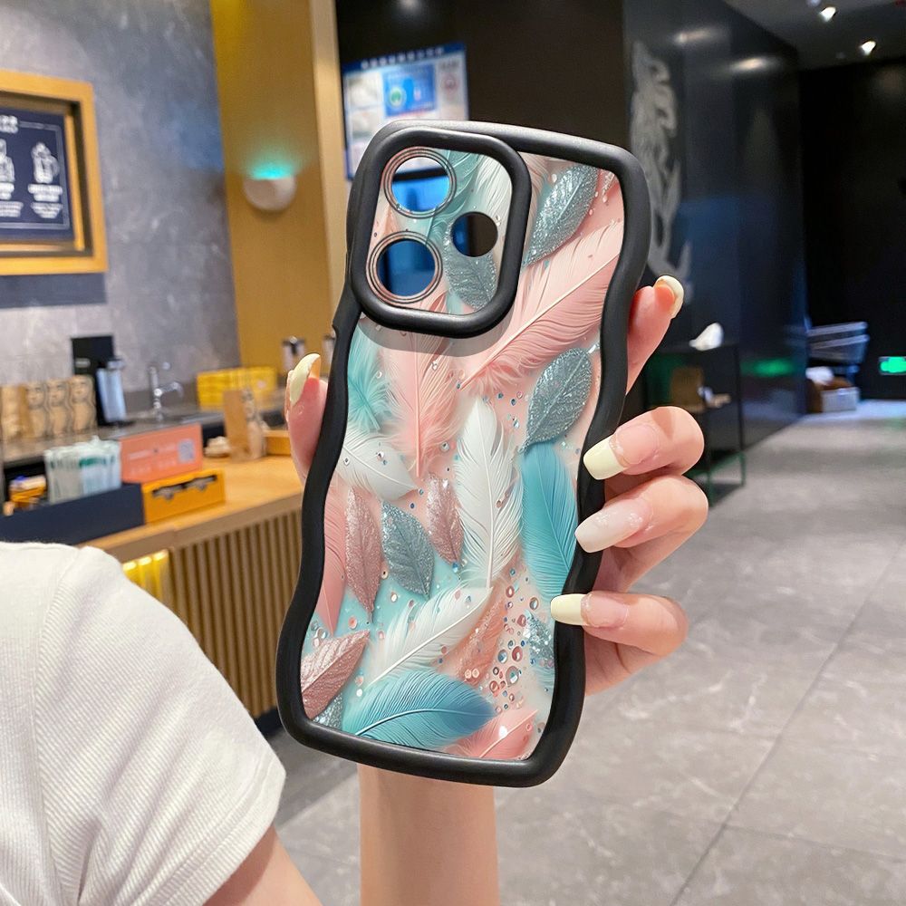 For Realme C67 C53 C51 Note 50 C21Y C25Y C33 C30 C35 9i Luxury Feather Diamond Wave Frame Phone Case Anti Drop Cover