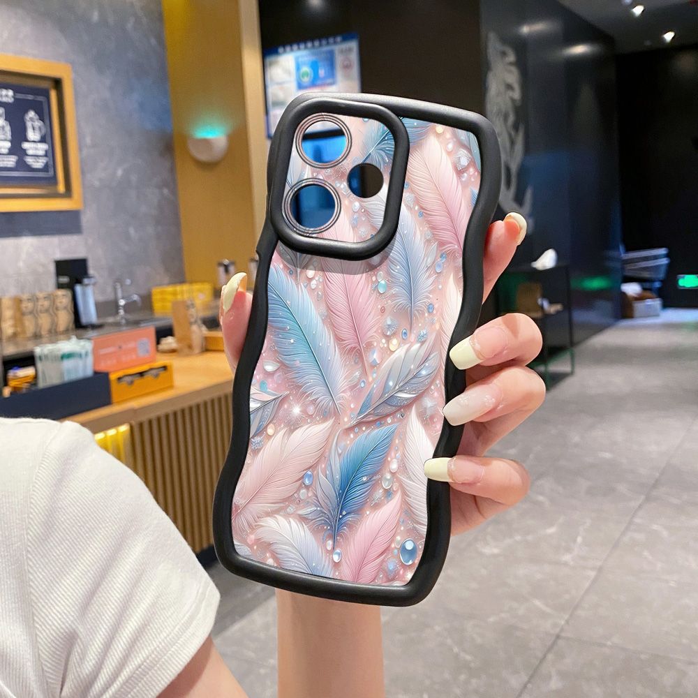 For Realme C67 C53 C51 Note 50 C21Y C25Y C33 C30 C35 9i Luxury Feather Diamond Wave Frame Phone Case Anti Drop Cover