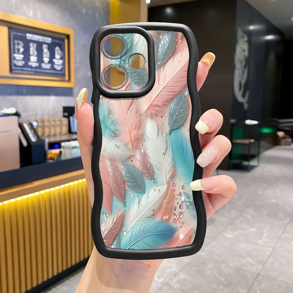 For Realme C67 C53 C51 Note 50 C21Y C25Y C33 C30 C35 9i Luxury Feather Diamond Wave Frame Phone Case Anti Drop Cover