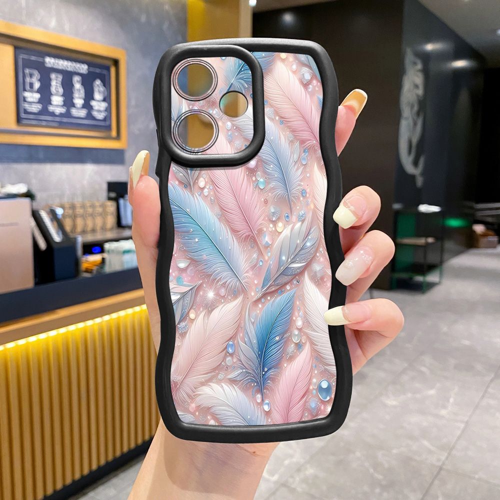 For Realme C67 C53 C51 Note 50 C21Y C25Y C33 C30 C35 9i Luxury Feather Diamond Wave Frame Phone Case Anti Drop Cover