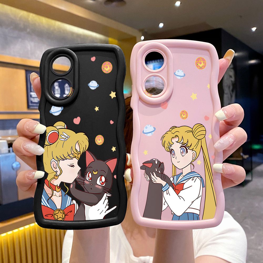 For OPPO Reno 5 6 Lite 7 8 Reno 7Z 8 Z 5F F19 F21 Pro Sailor Moon Cut Cat Wave Frame Phone Case Anti Drop Cover