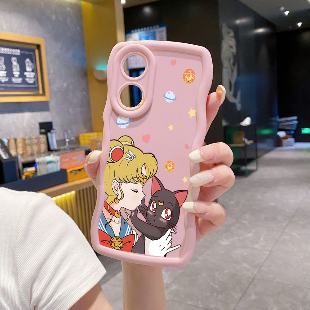 For OPPO Reno 5 6 Lite 7 8 Reno 7Z 8 Z 5F F19 F21 Pro Sailor Moon Cut Cat Wave Frame Phone Case Anti Drop Cover