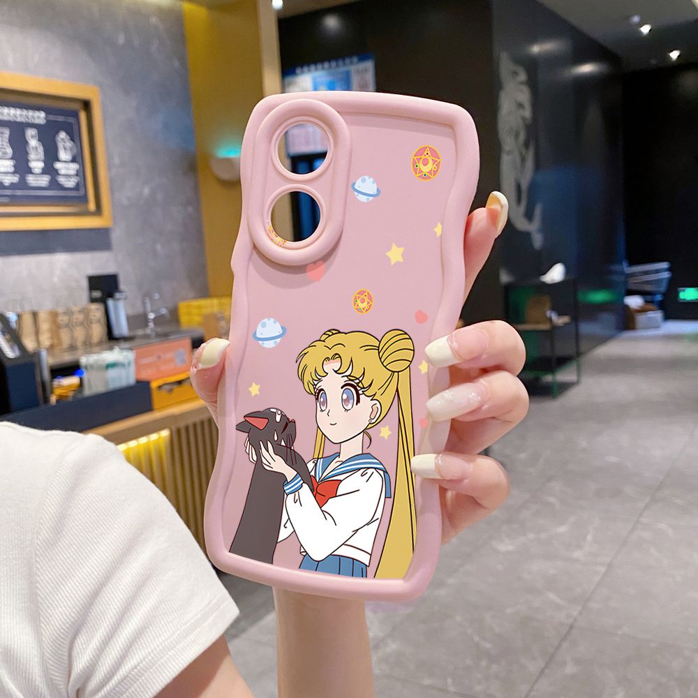 For OPPO Reno 5 6 Lite 7 8 Reno 7Z 8 Z 5F F19 F21 Pro Sailor Moon Cut Cat Wave Frame Phone Case Anti Drop Cover